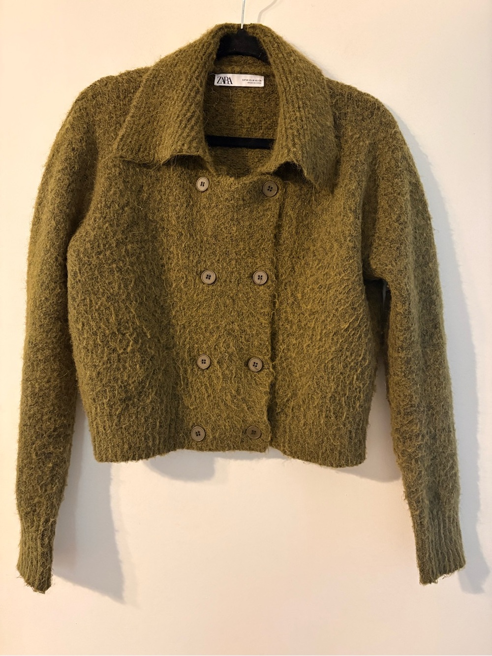 ZARA Moss Green Double-Breasted Fuzzy Knit Cardigan